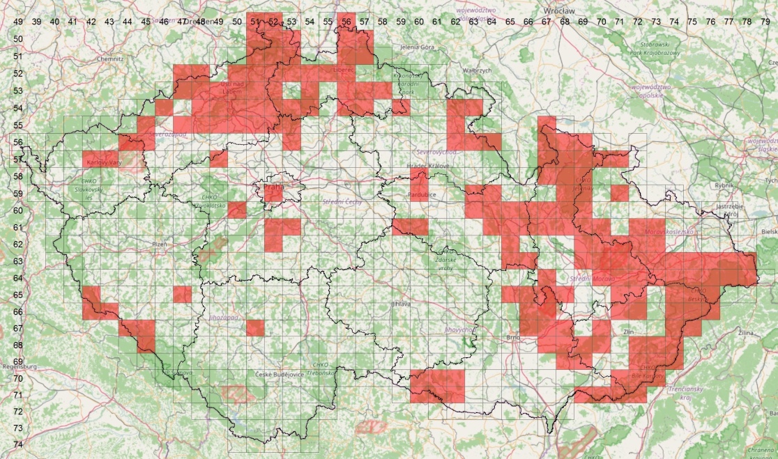 Aktuální mapa rozšíření plcha velkého v České republice na základě mapování poslechem v nočních hodinách a sběrem dat od veřejnosti.
